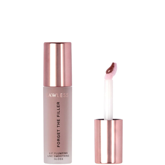 LAWLESS BEAUTY Forget The Filler Lip Plumper “George” – a clear, high‑shine gloss in a sleek transparent tube with metallic cap, designed to visibly smooth lip lines and deliver a subtle peachy-nude tint.