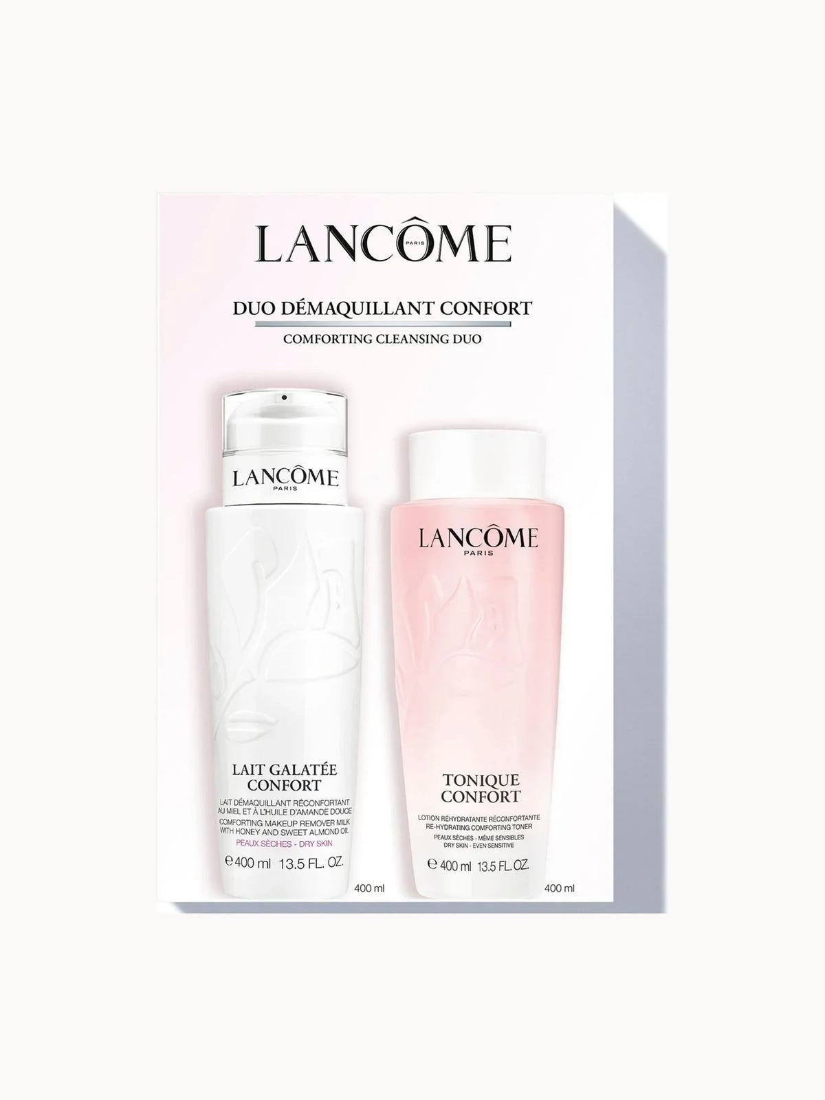 Lancome Jumbo Cleanser Duo Set, white cleanser bottle and pink toner bottle
