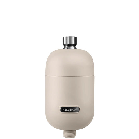 HELLO KLEAN Shower - Minimalist beige-toned cylindrical shower filter designed to filter water pollutants like heavy metals and chlorine.