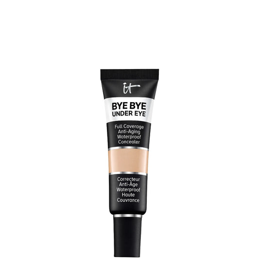 IT Cosmetics Bye Bye Under Eye Concealer, small squeeze tube with black cap and silver branding, designed for full-coverage correction of dark circles and imperfections