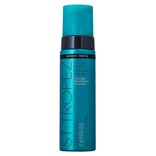 St. Tropez Express Bronzing Mousse 200ml, tall white and gold aerosol-style bottle with pump head and St. Tropez branding