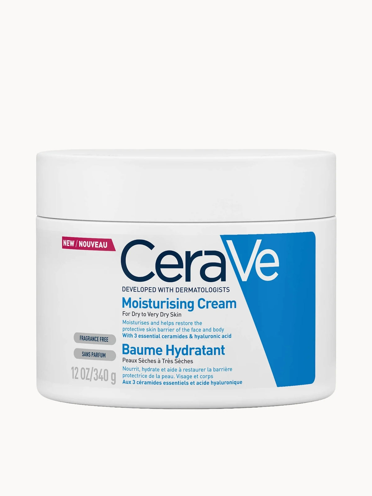 CeraVe Moisturising Cream Pot for Face and Body with Ceramides for Dry to Very Dry Skin 340g, large white tub with orange lid and CeraVe minimalist branding