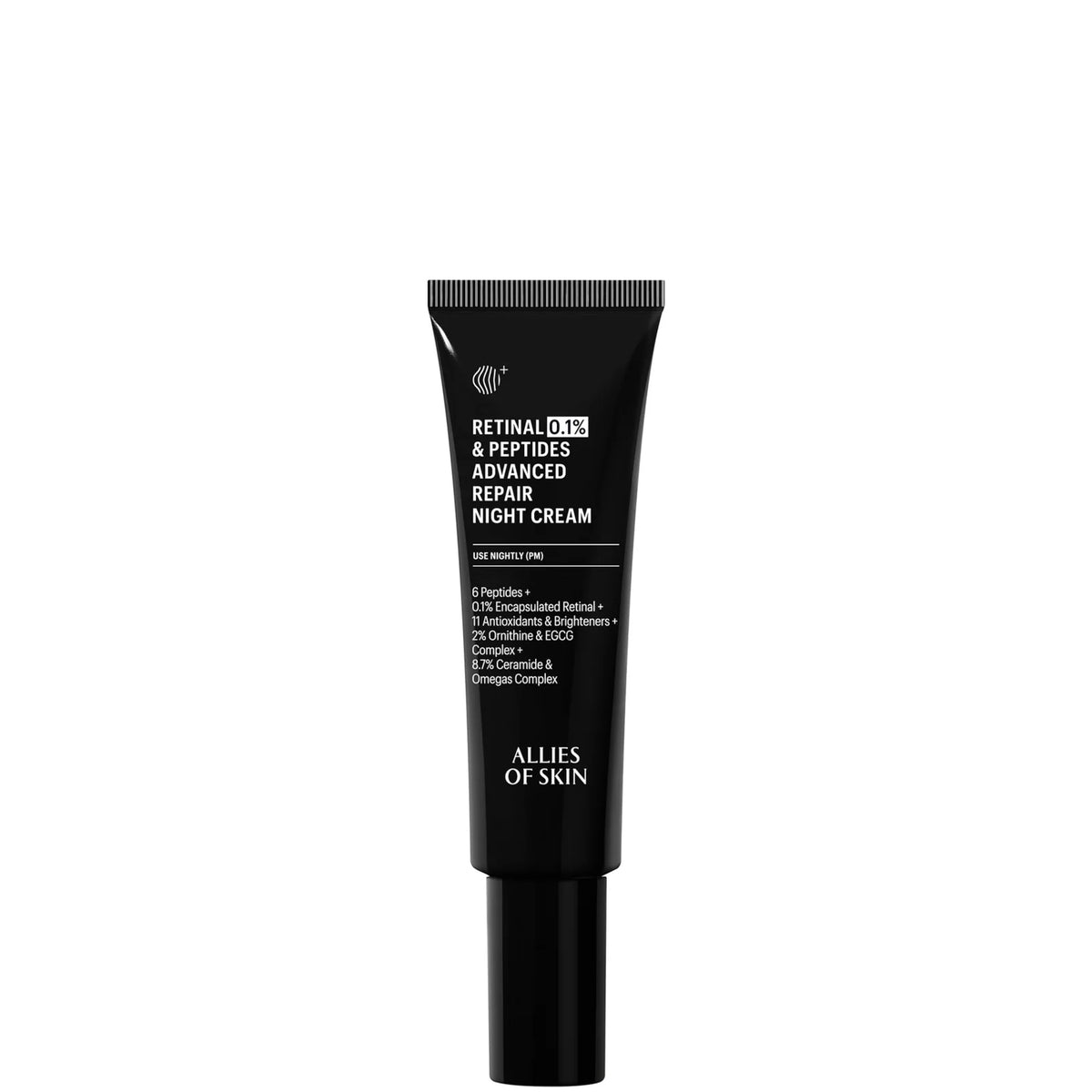 Allies of Skin 0.1% Retinal & Peptides Advanced Repair Night Cream 48ml, pump bottle with Allies of Skin branding