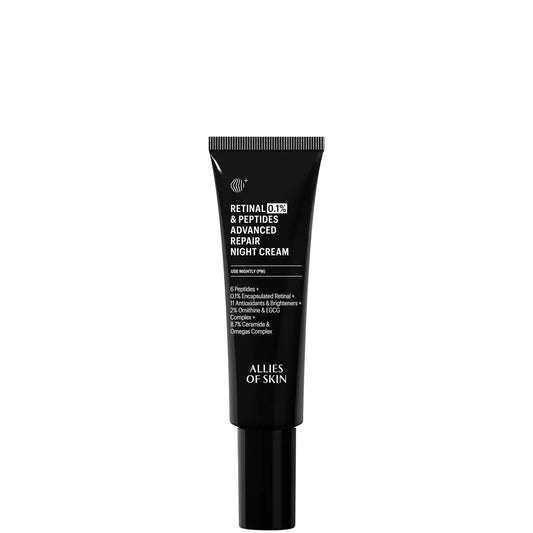 Allies of Skin 0.1% Retinal & Peptides Advanced Repair Night Cream 48ml, pump bottle with Allies of Skin branding