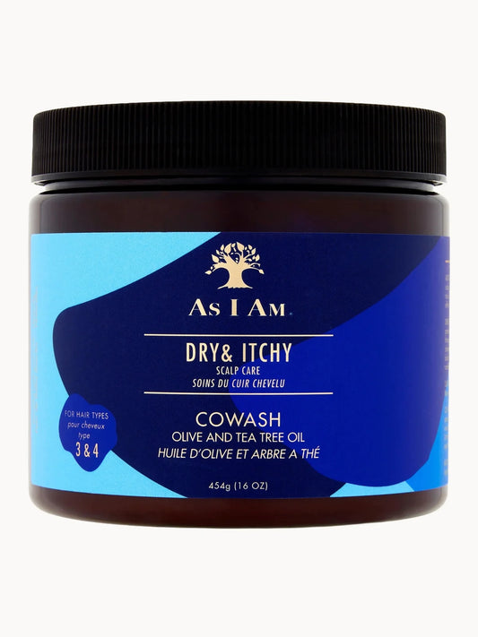 As I Am Dry and Itchy Scalp Care Olive and Tea Tree Oil Co - Wash 454g, large white plastic tub with olive green label and As I Am branding