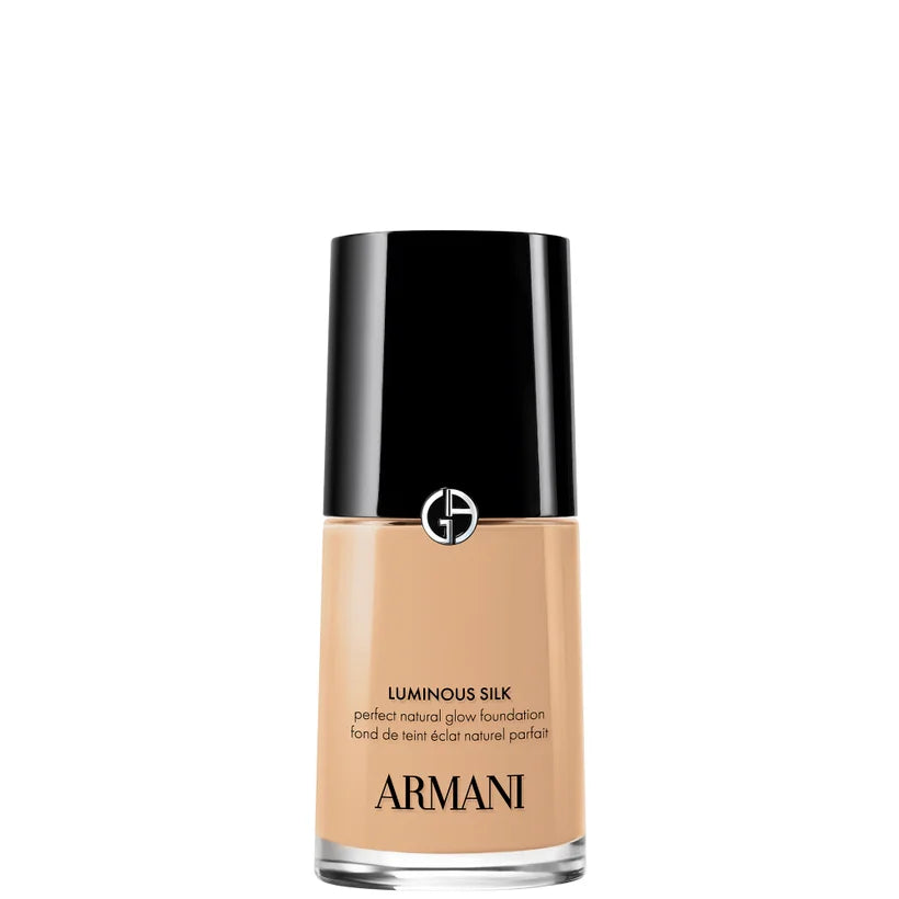 Armani Luminous Silk Foundation shade 4.25 glass bottle with black cap and beige liquid visible inside