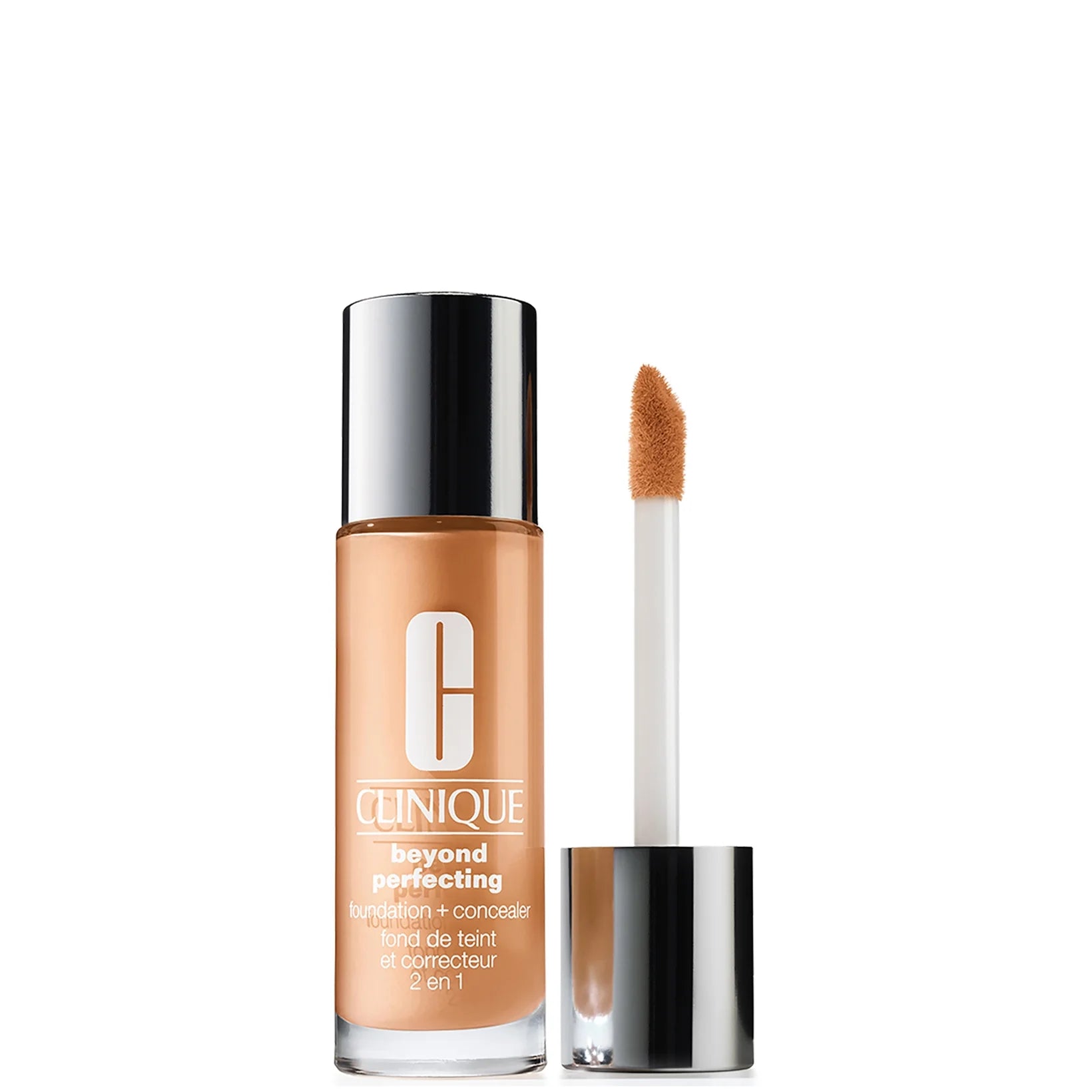 Clinique Beyond Perfecting Foundation and Concealer Nutty – full-coverage natural-matte 2-in-1 with 12-hour wear and wand applicator.