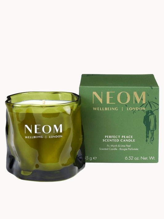 NEOM Perfect Peace 1 Wick Candle 185g white glass jar with NEOM branding and wooden lid