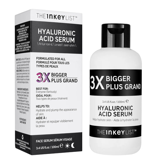 The INKEY List Supersize Hyaluronic Acid Serum 100ml bottle, multi-weight HA hydrating serum