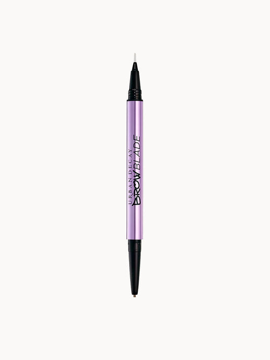 Urban Decay Brow Blade Pencil - Brunette Betty, slim black dual-ended pencil with pen-tip and spoolie brush end, Urban Decay logo