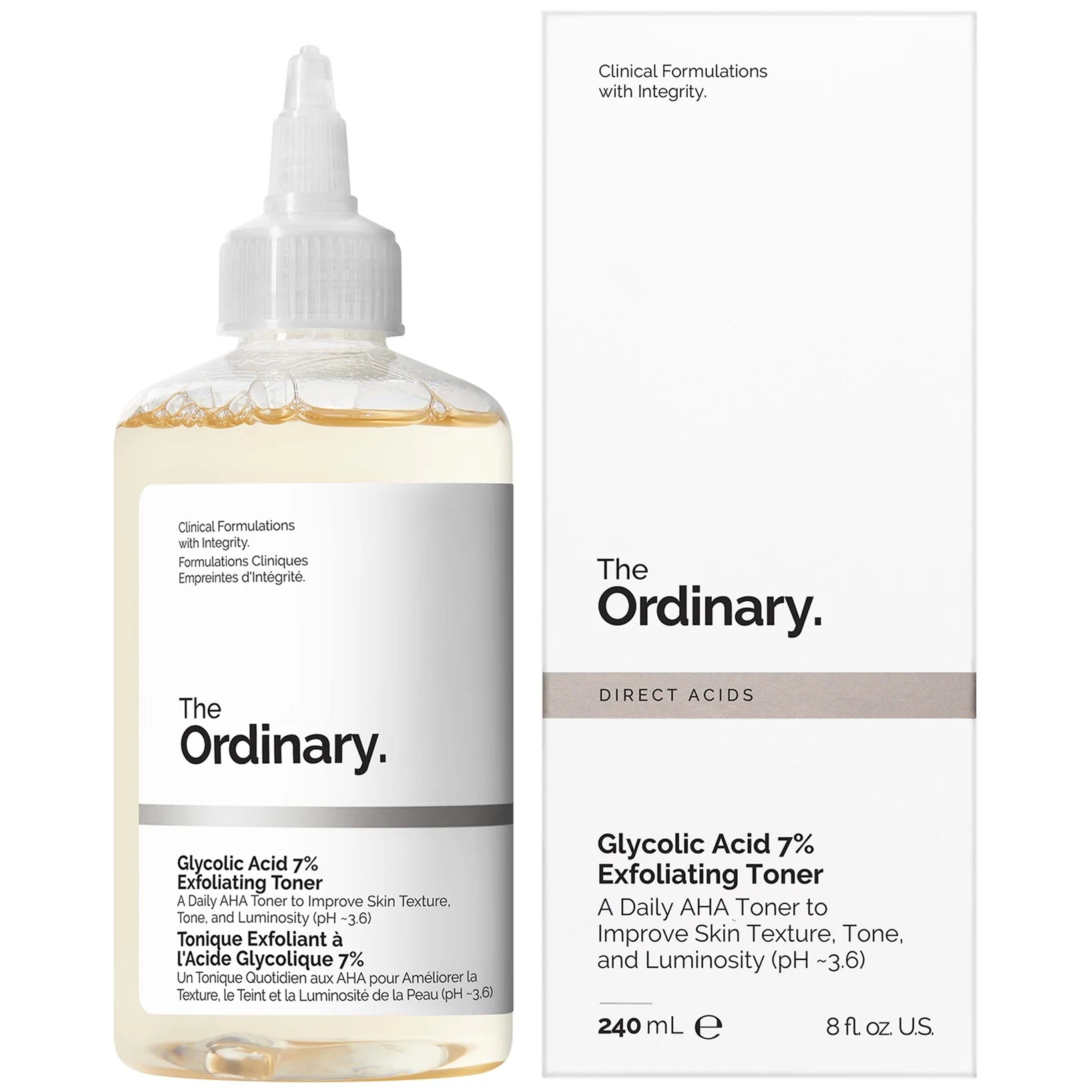 The Ordinary Glycolic Acid 7% Exfoliating Toner 240ml in clear bottle with white label and screw cap, ideal for brightening and refining skin texture
