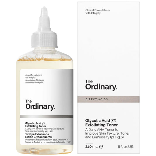 The Ordinary Glycolic Acid 7% Exfoliating Toner 240ml in clear bottle with white label and screw cap, ideal for brightening and refining skin texture