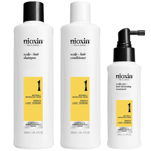 NIOXIN Scalp and Hair Thickening System 1 Loyalty Kit boxed set with shampoo, conditioner and treatment bottles