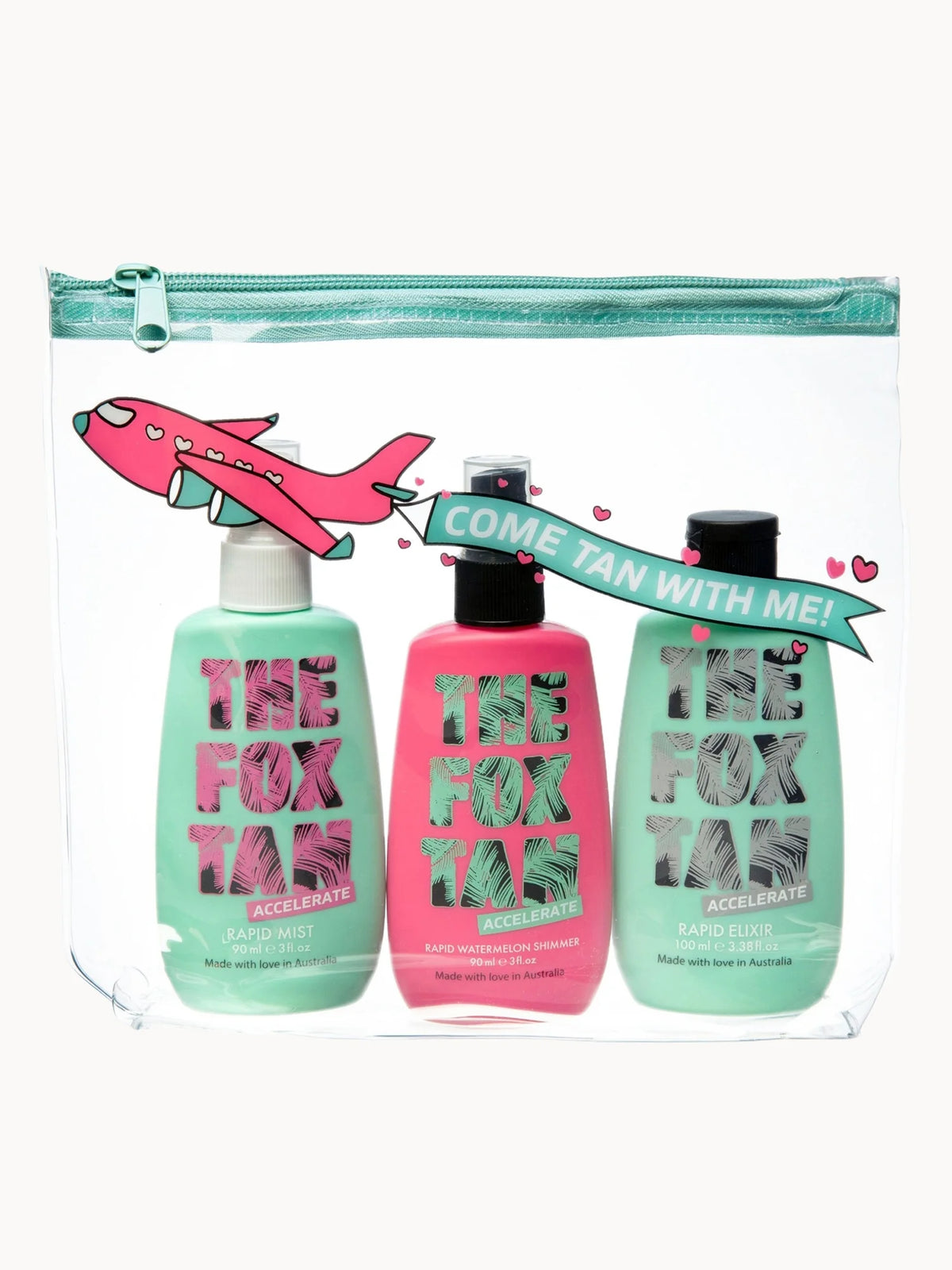 The Fox Tan The Jet Setter Bundle, three orange spray and pump bottles in travel sizes