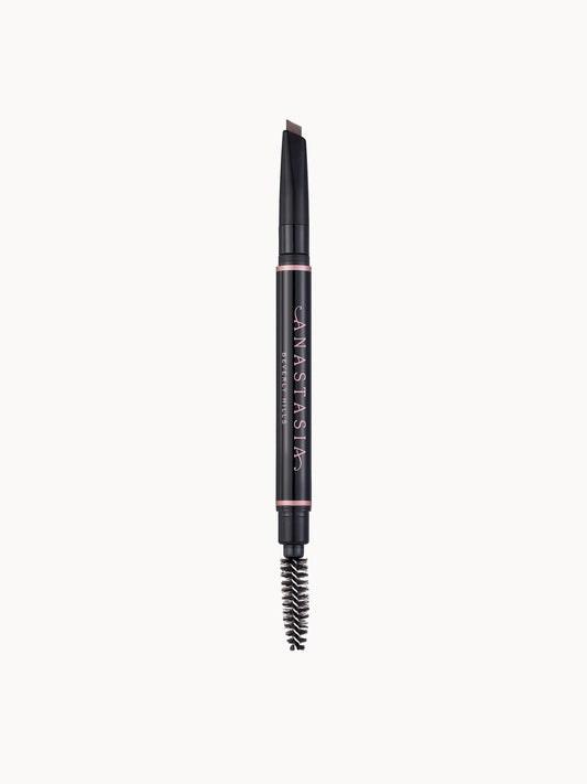 Anastasia Beverly Hills Brow Definer - Taupe, slim black retractable pencil with angled tip and built-in spoolie end, ABH gold logo