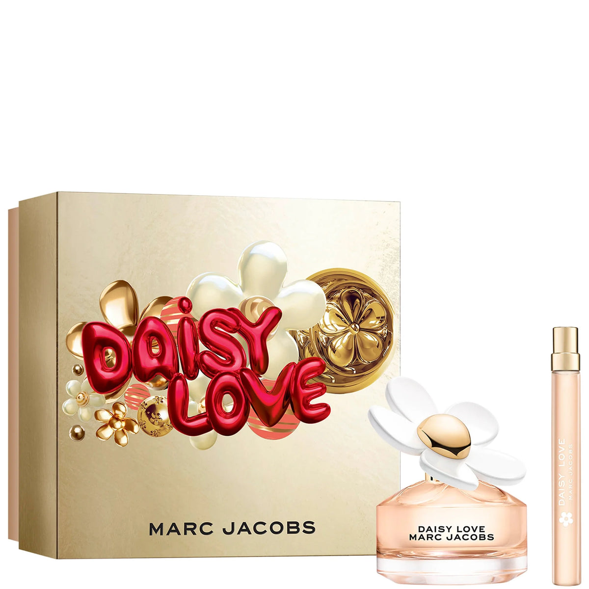 Marc Jacobs Daisy Love Eau de Toilette 50ml Gift Set, round pink-tinted glass bottle with daisy-shaped cap and Marc Jacobs branding