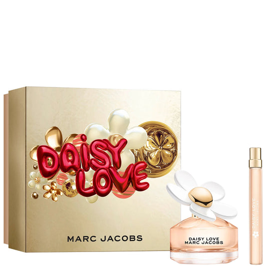 Marc Jacobs Daisy Love Eau de Toilette 50ml Gift Set, round pink-tinted glass bottle with daisy-shaped cap and Marc Jacobs branding