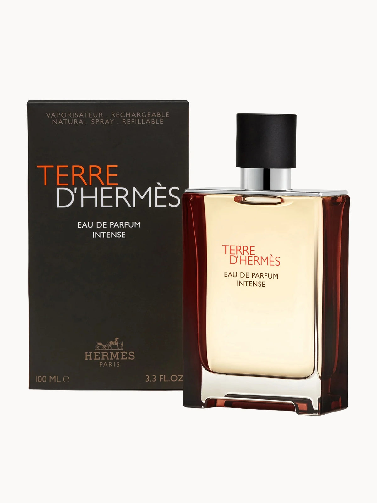 Hermès Terre d'Hermès Eau de Parfum Intense 100ml, reddish-brown lacquered bottle with matte black cap