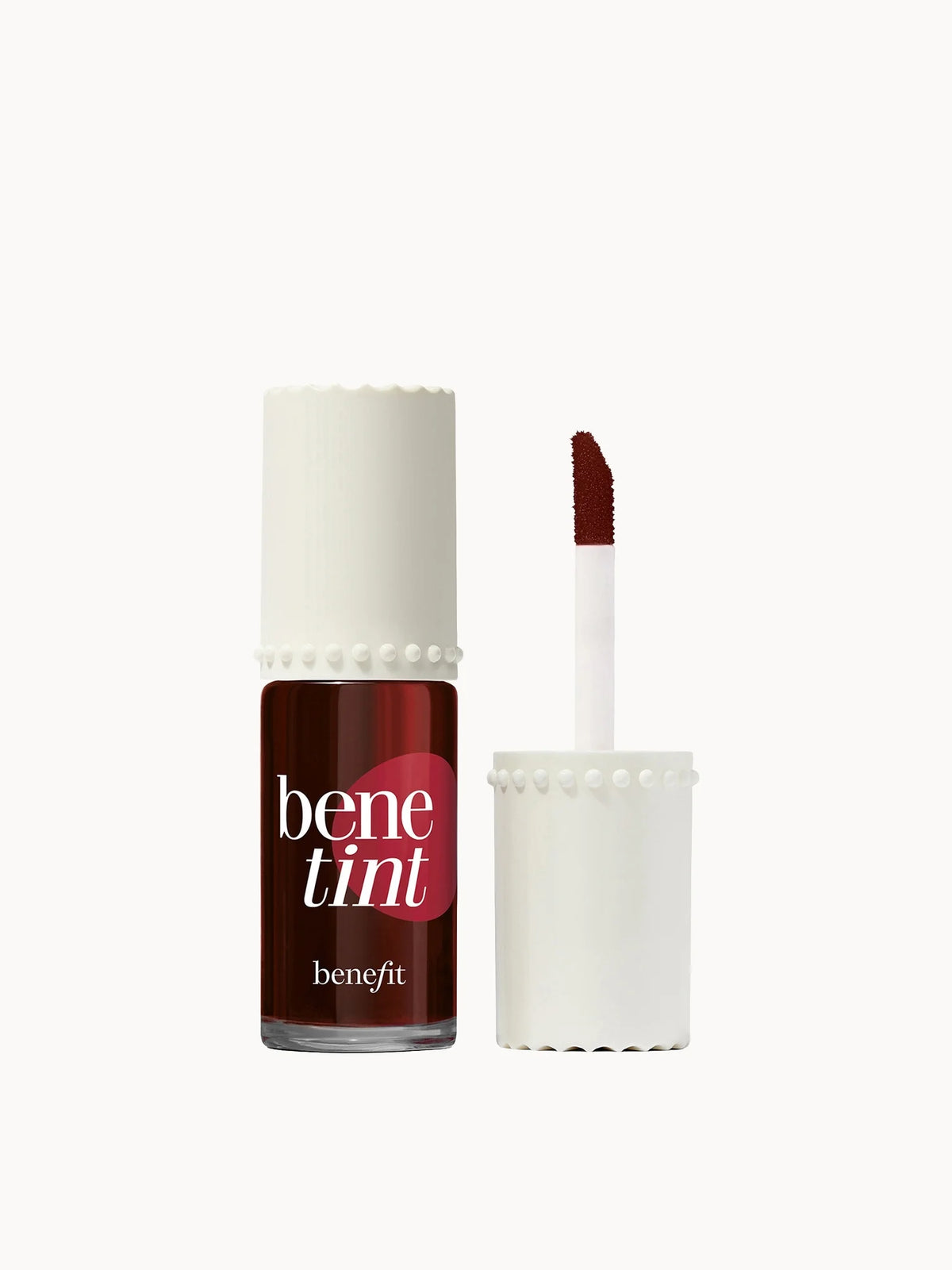 benefit Benetint Dark Cherry 6ml, small glass bottle with red liquid and gold-capped applicator, Benefit branding