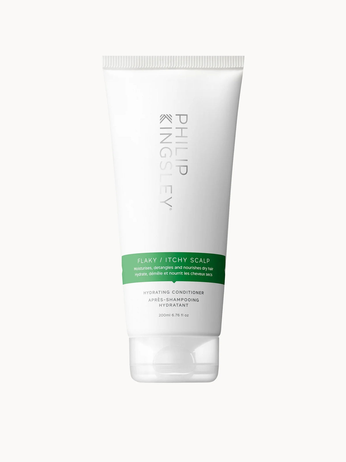 Philip Kingsley Flaky/Itchy Scalp Conditioner 200ml, white bottle with blue cap and Philip Kingsley wordmark branding