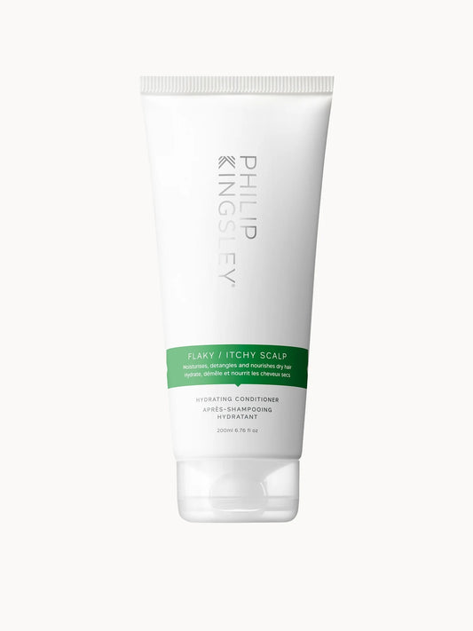 Philip Kingsley Flaky/Itchy Scalp Conditioner 200ml, white bottle with blue cap and Philip Kingsley wordmark branding