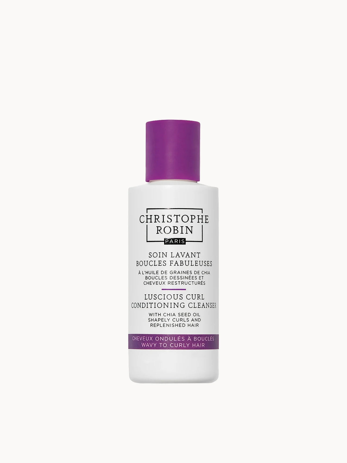 Christophe Robin New Luscious Curl Conditioning Cleanser 75ml, small clear tube with white cap and Christophe Robin curl-range branding