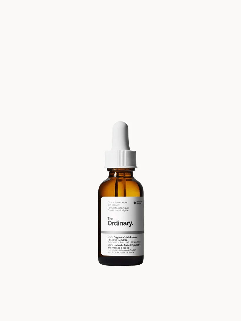 The Ordinary 100% Organic Cold-Pressed Rose Hip Seed Oil 30ml, amber glass dropper bottle with black cap and white label