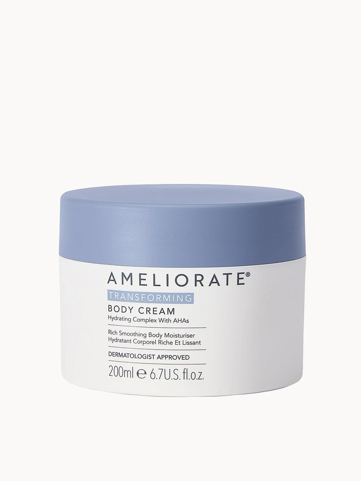 Ameliorate Transforming Body Cream 200ml, white pump bottle with grey cap and minimal text