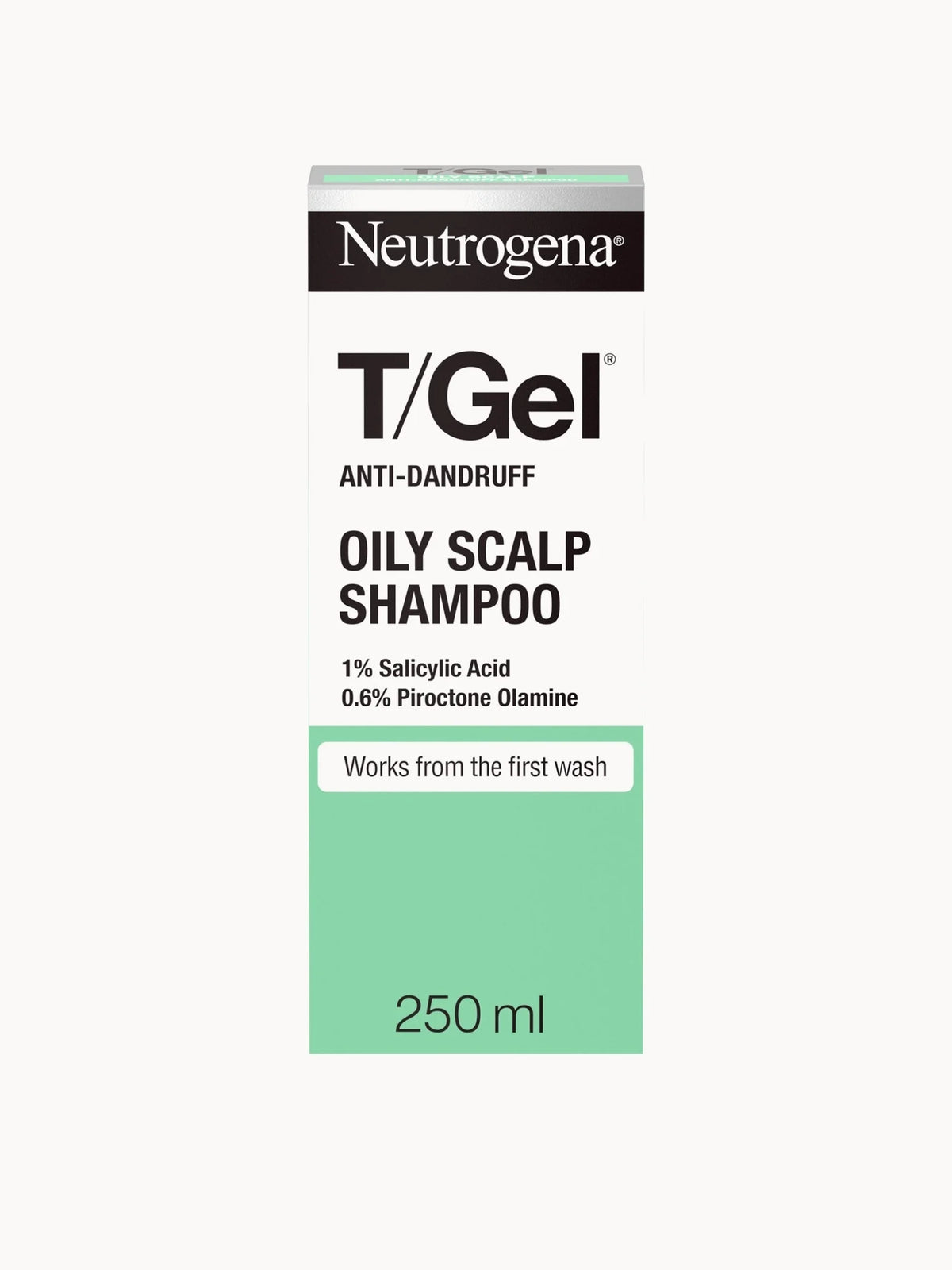 Neutrogena T/Gel for Oily Scalp 250ml, clear bottle with green cap and Neutrogena T/Gel branding