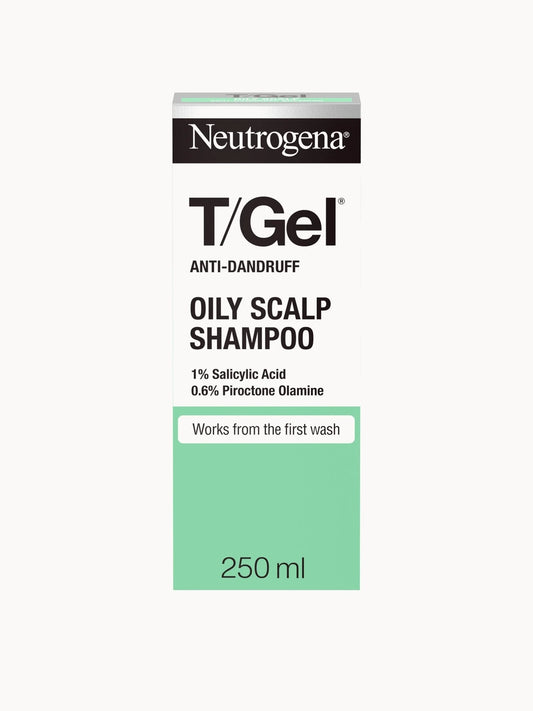 Neutrogena T/Gel for Oily Scalp 250ml, clear bottle with green cap and Neutrogena T/Gel branding