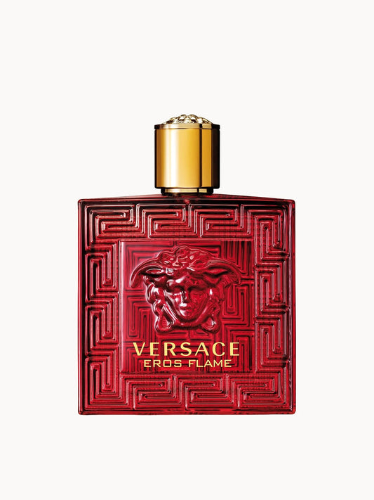 Versace Eros Flame Eau de Parfum Vapo 100ml, black glass bottle with gold cap shaped like a classical column, Versace Medusa emblem