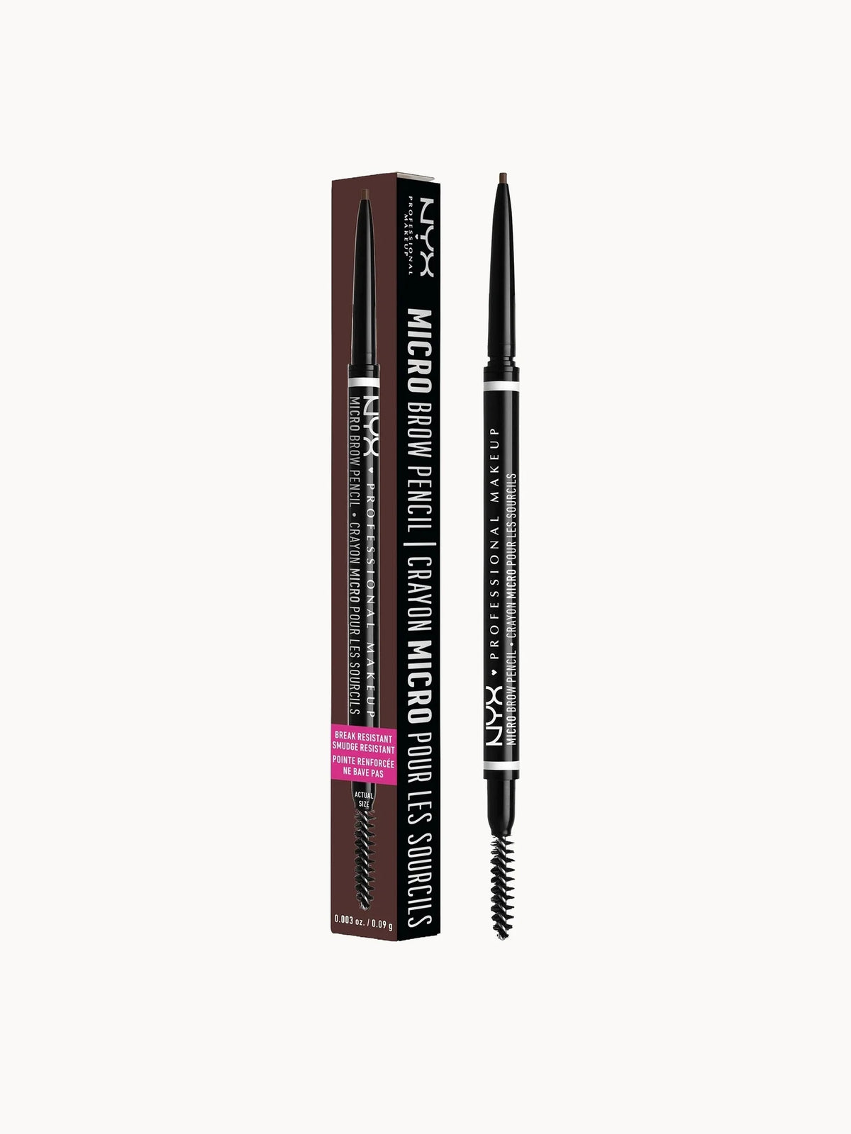 NYX Professional Makeup Micro Brow Pencil - Brunette, slim black pencil with spoolie brush end and NYX Professional Makeup logo