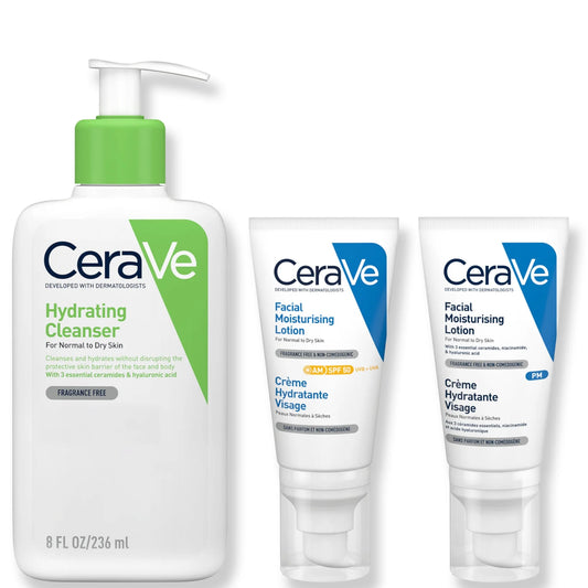 Complete CeraVe skincare set with cleanser, moisturiser, and SPF for daily face care