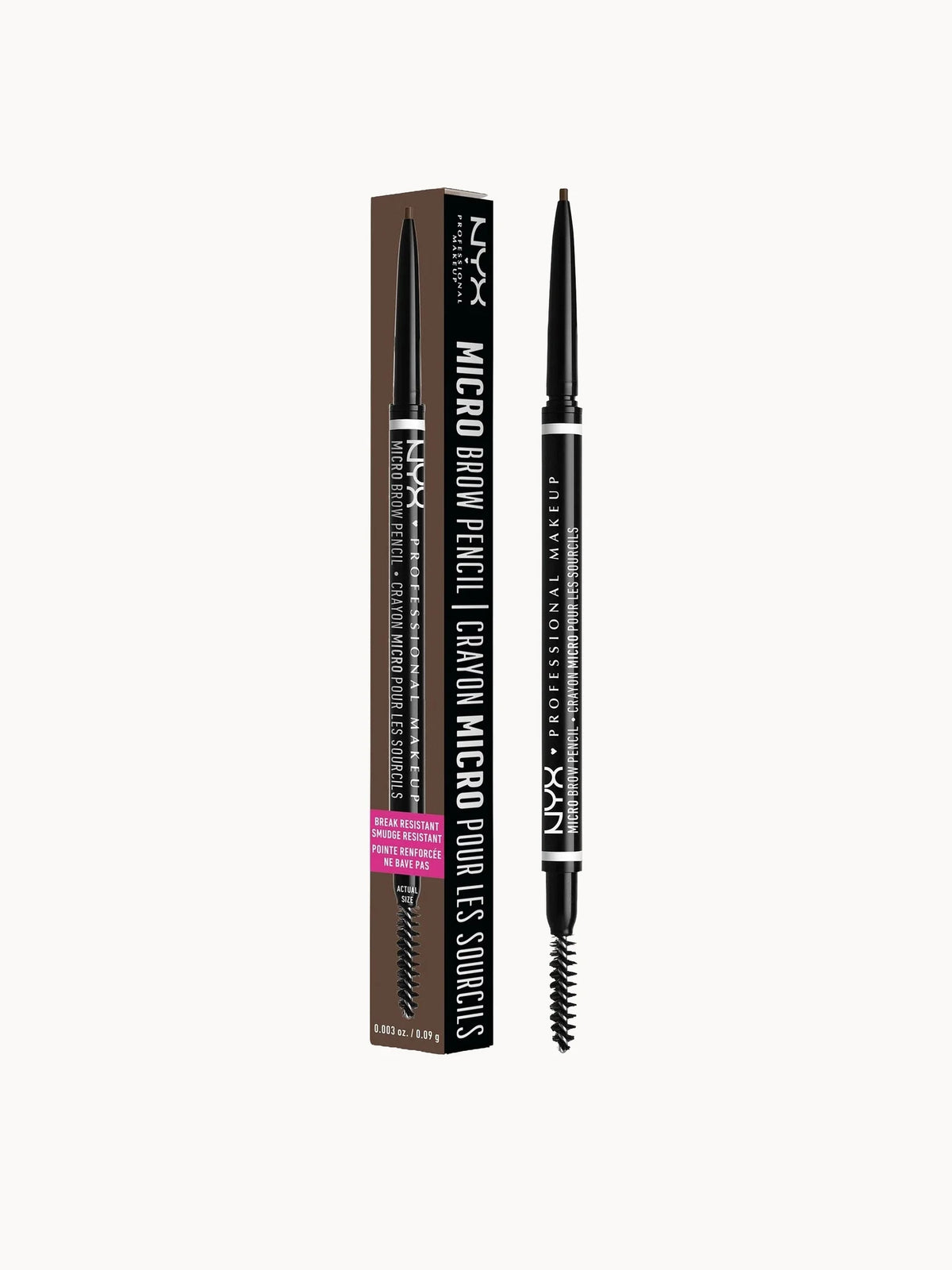 NYX Professional Makeup Micro Brow Pencil - Espresso, slim black pencil with spoolie brush end and NYX Professional Makeup logo