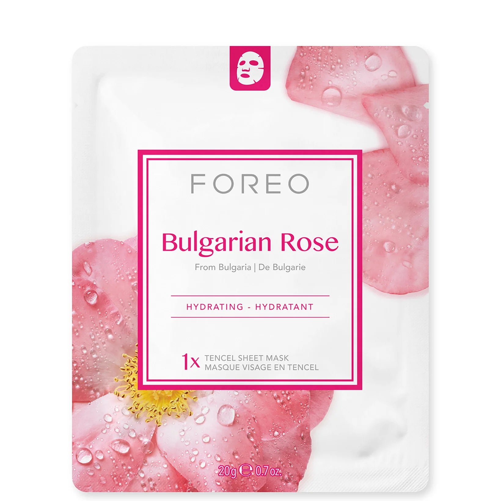 Single FOREO Farm To Face Bulgarian Rose sheet mask sachet, pink-toned design with rose accents around the logo.