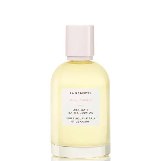 Laura Mercier bath and body oil with warm Ambre Vanille fragrance