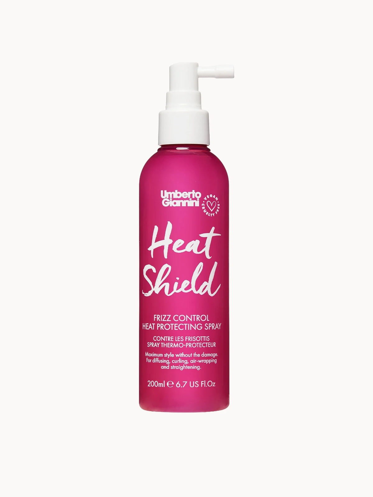 Umberto Giannini Heat Shield 200ml, clear spray bottle with pink and orange label