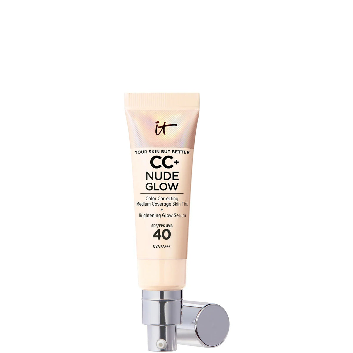 IT Cosmetics CC+ and Nude Glow Lightweight Foundation and Glow Serum with SPF40 - Light, slim pump bottle of tinted serum foundation