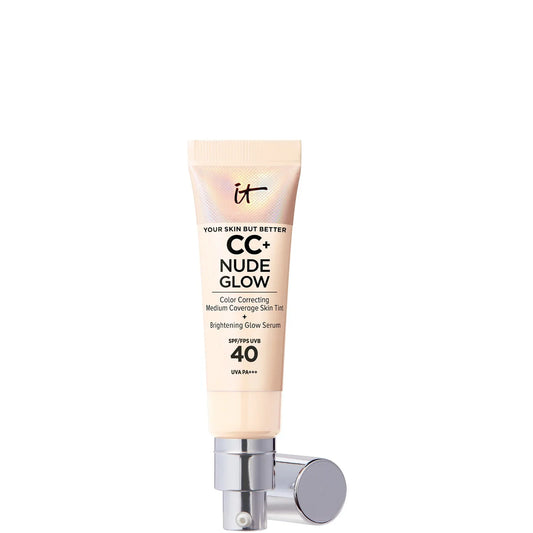 IT Cosmetics CC+ and Nude Glow Lightweight Foundation and Glow Serum with SPF40 - Light, slim pump bottle of tinted serum foundation