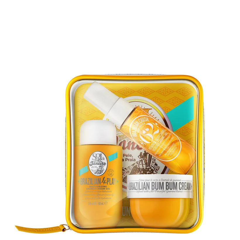 Sol de Janeiro Bum Bum Jet Set travel collection featuring mini Bum Bum Cream, Brazilian 4 Play Shower Cream Gel and Brazilian Crush fragrance mist