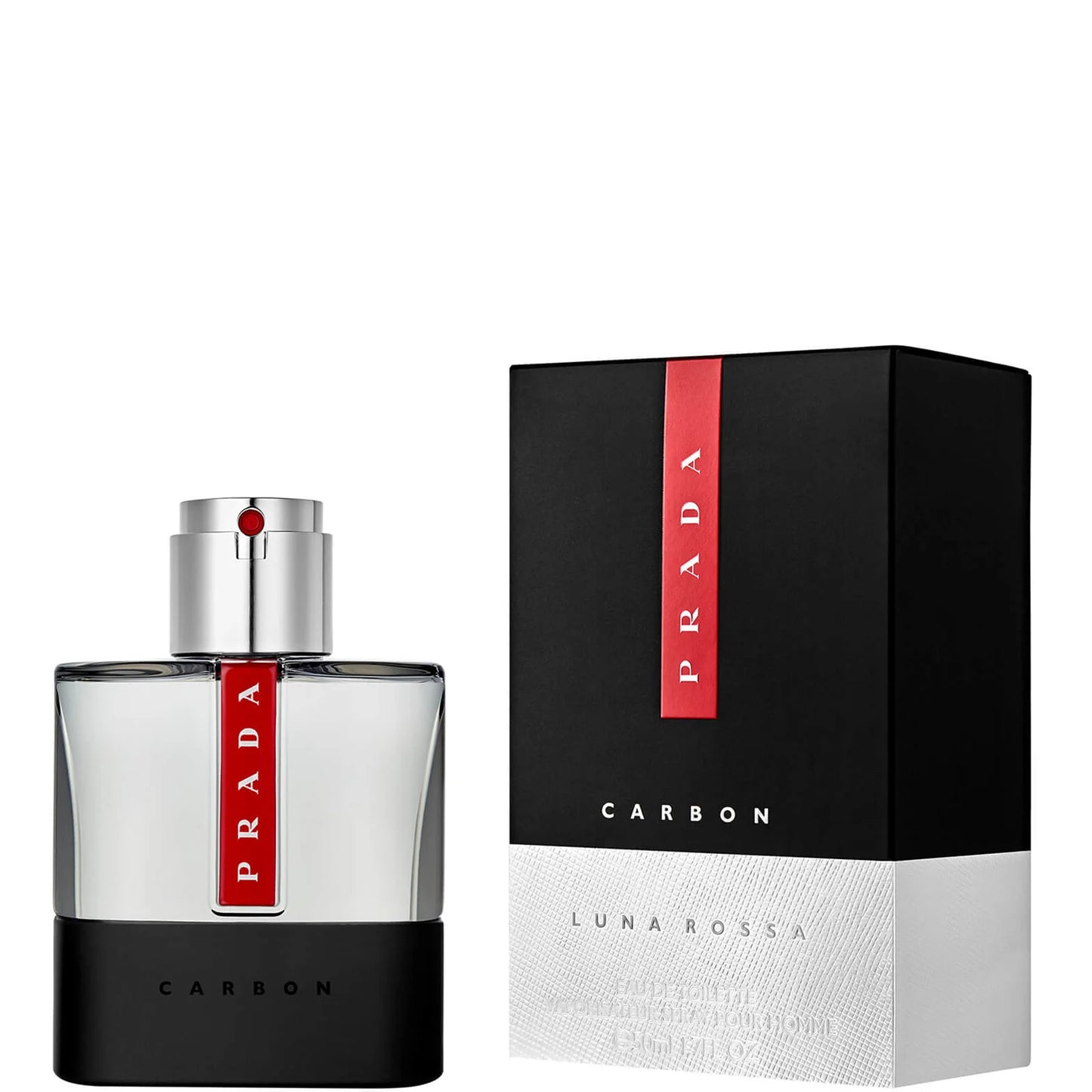 Prada Luna Rossa Carbon Eau de Toilette 50ml — bergamot and pepper with lavender and metallic notes; patchouli and ambroxan base in a sporty black-red bottle.