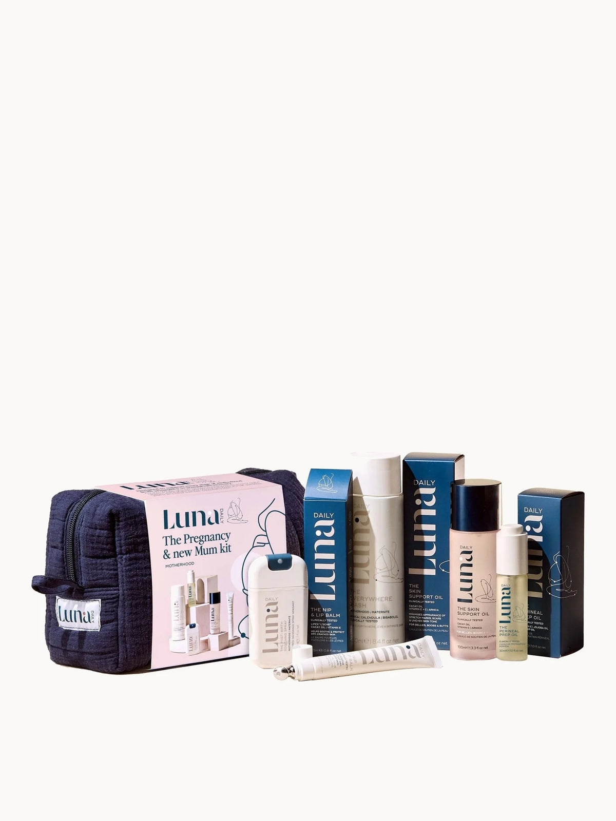 Luna Daily The Pregnancy and New Mum Kit, quilted pink wash bag with five care products