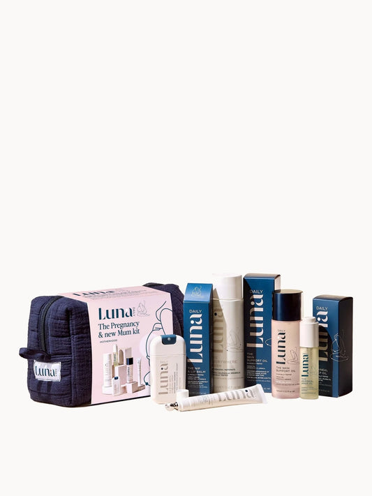 Luna Daily The Pregnancy and New Mum Kit, quilted pink wash bag with five care products