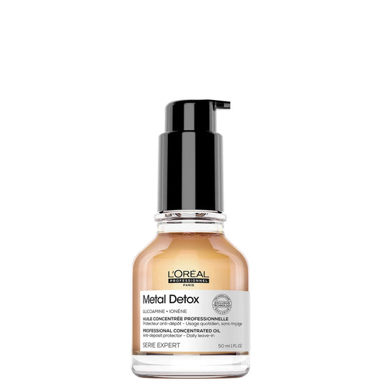 L'Oréal Professionnel Metal Detox Anti-deposit Protector Concentrated Hair Oil 50ml, sleek amber bottle with black pump