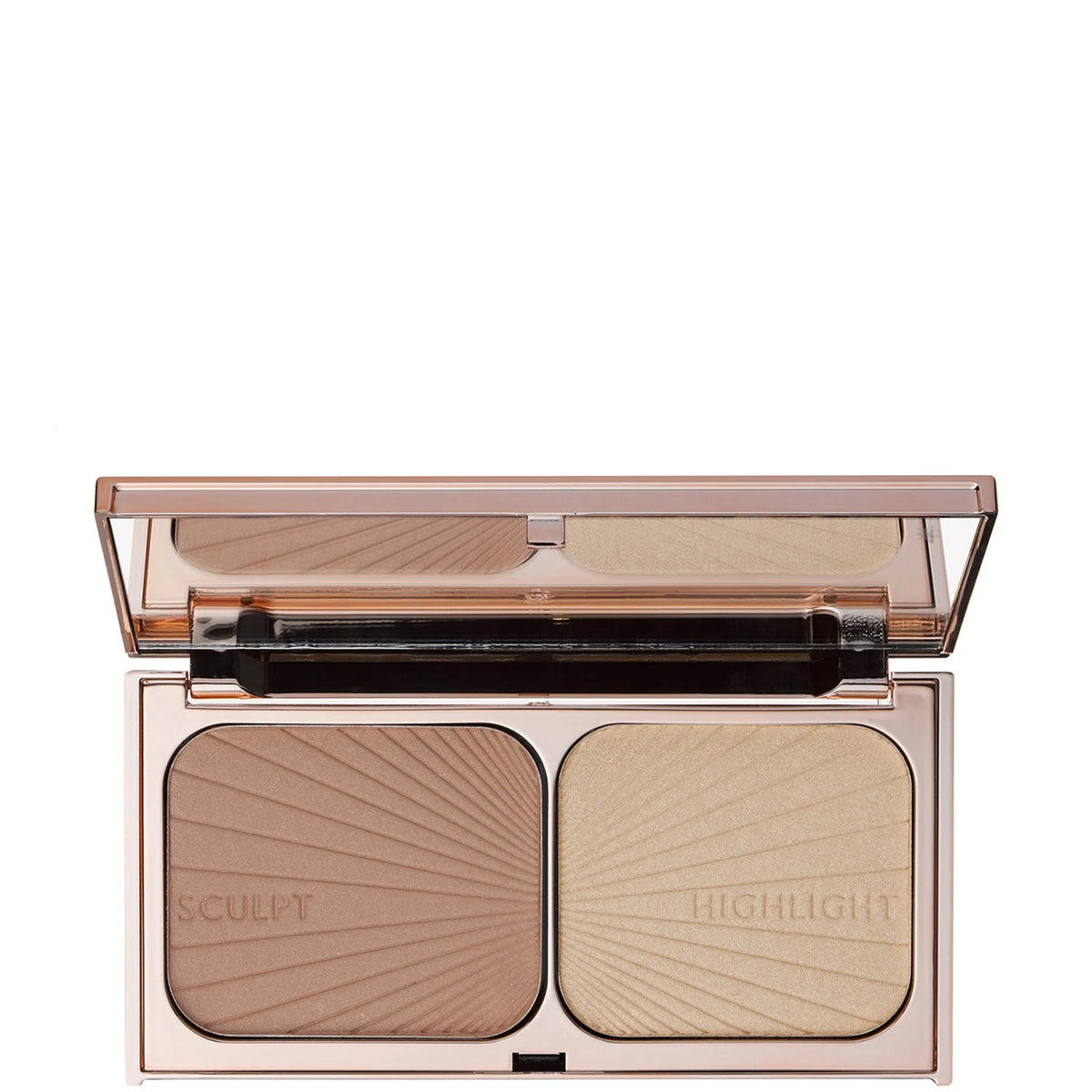 Charlotte Tilbury Filmstar Bronze & Glow Light to Medium, gold compact with mirror and Charlotte Tilbury lips logo, bronze and highlighter powder duo pan
