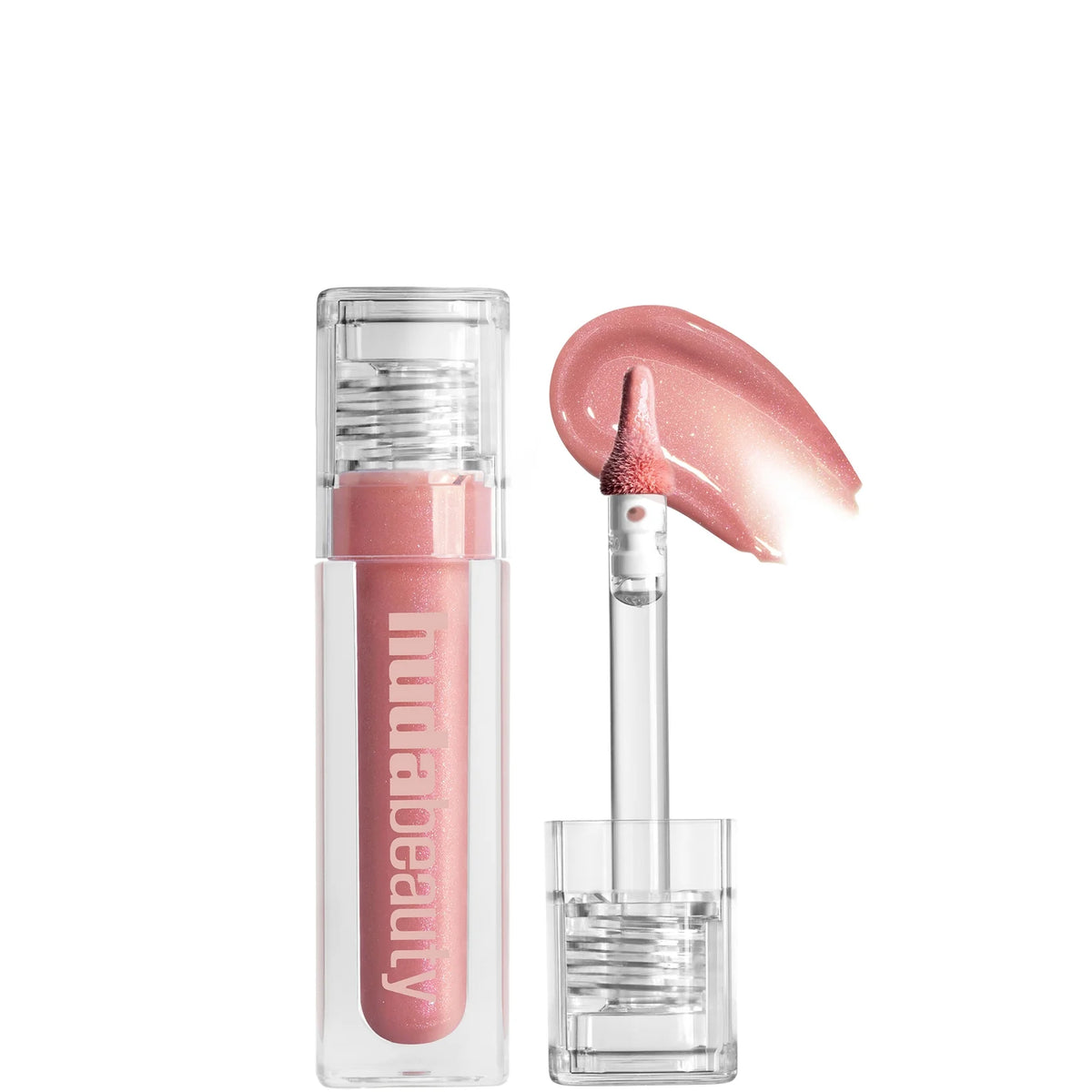Huda Beauty Faux Filter Extra Shine Lip Gloss 3.9ml - She Flirty, clear lip gloss tube filled with shimmery pink gloss