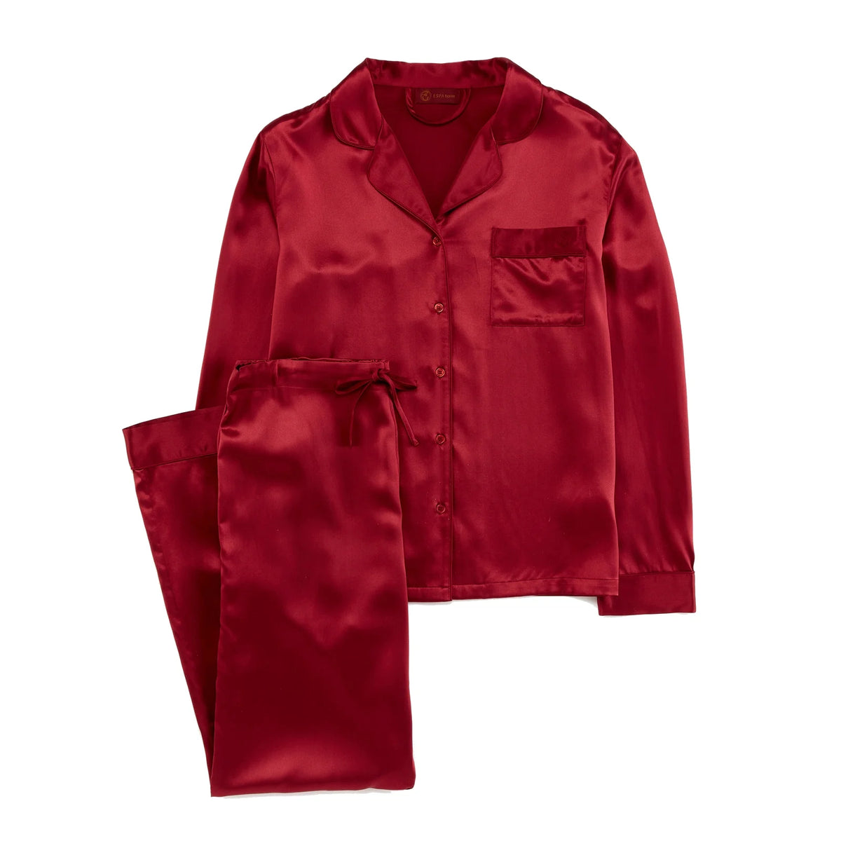 ESPA Silk Pyjamas - Claret Rose - S/M, folded silk pyjama set in claret rose with ESPA Home label