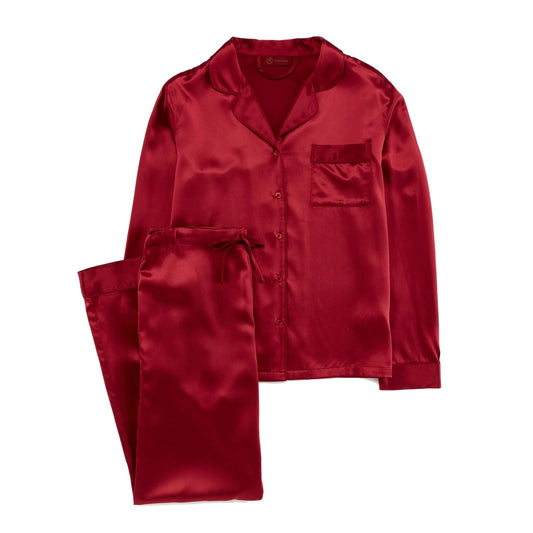 ESPA Silk Pyjamas - Claret Rose - S/M, folded silk pyjama set in claret rose with ESPA Home label