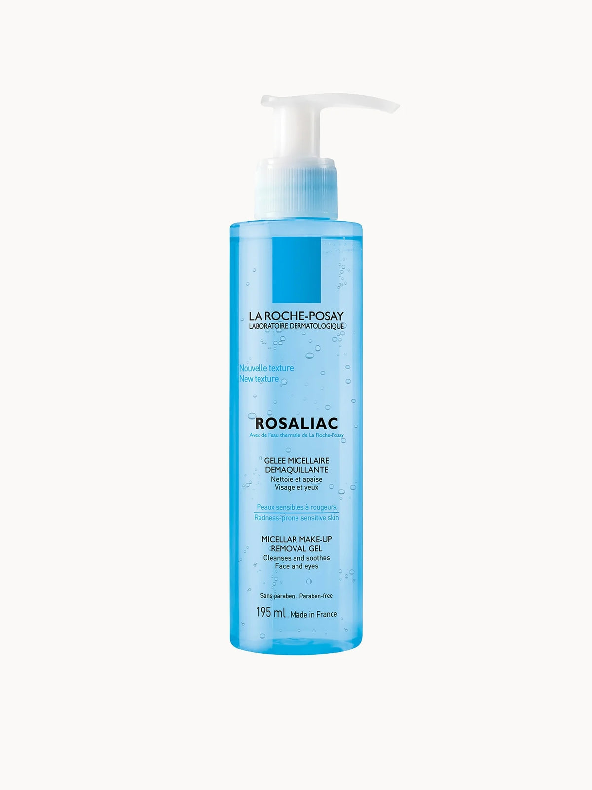 La Roche-Posay Rosaliac Make-Up Remover Gel 195ml, clear pump bottle with white cap and La Roche-Posay Rosaliac branding