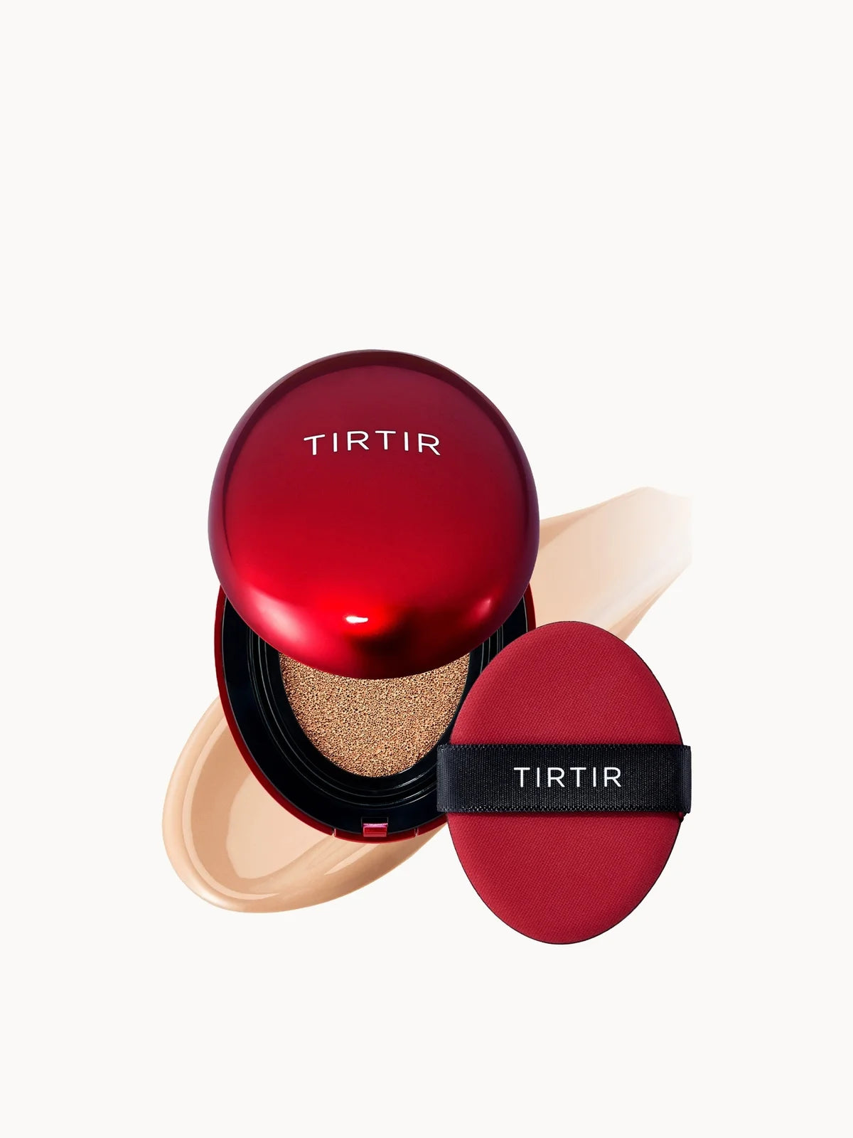 TIRTIR Mask Fit Red Cushion 18g - 24N Latte, glossy red oval cushion compact with white logo and red puff